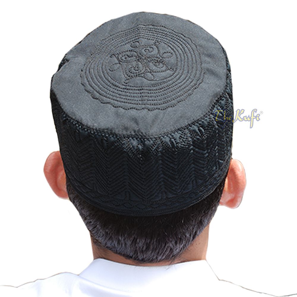 Black Madinah Kufi | Embroidered Mix Fabric 3-inch Muslim Hat