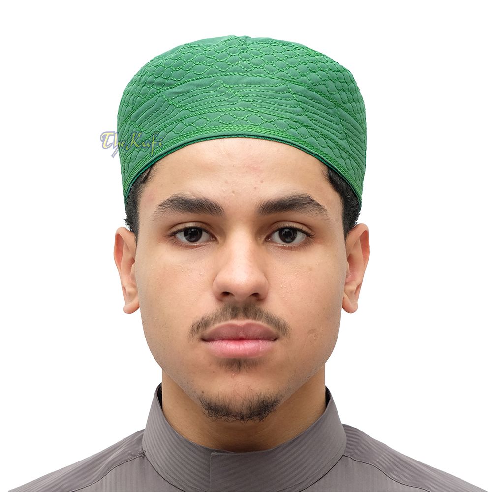 Green Madinah Kufi | Embroidered Mix Fabric Muslim Takke Peci Kofia Hat
