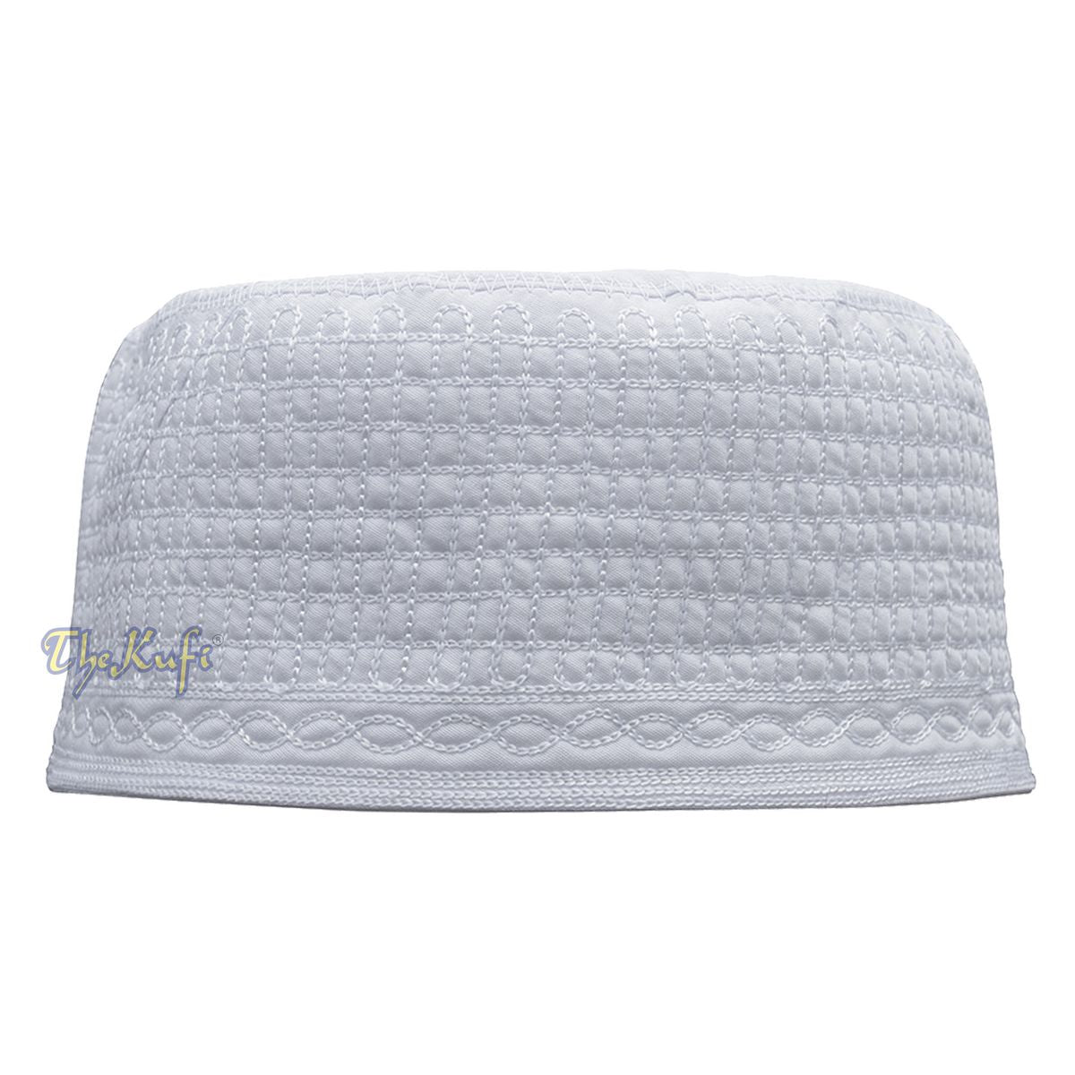 White Madinah Kufi | Embroidered Mix Fabric 3-inch Muslim Hat