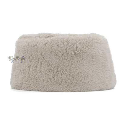 Cream Winter Kufi Faux Fur Warm Chechen Uzbeki Style Islamic Hat Plush One-Size Medium-Large Stretchy 4-inch Tall Head Cover Muslim