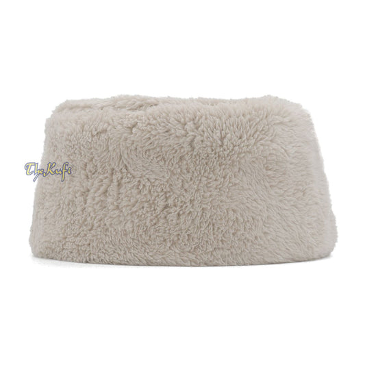 Cream Winter Kufi Faux Fur Warm Chechen Uzbeki Style Islamic Hat Plush One-Size Medium-Large Stretchy 4-inch Tall Head Cover Muslim