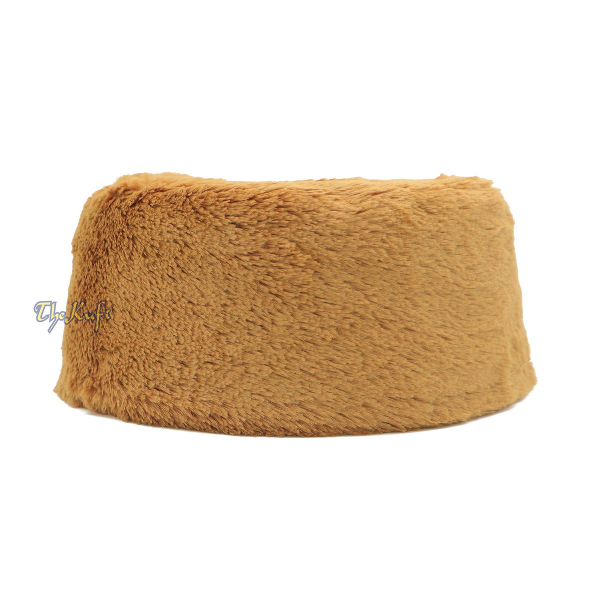 Golden Brown Winter Kufi Faux Fur Warm Chechen Uzbeki Style Islamic Hat Plush One-Size Medium-Large Stretchy 4-inch Tall Head Cover Muslim