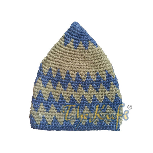 Hand-Crocheted Cotton Sturdy Cobalt Blue & Light Army Green Zigzag Kufi Hat