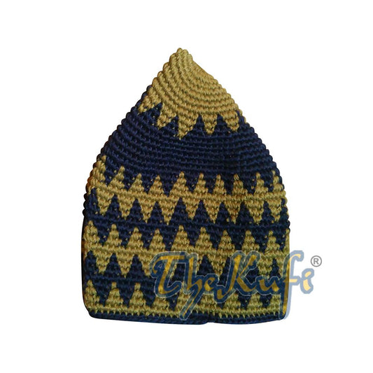 Kids Hand Crocheted Cotton Cream & Dark Blue Hounds-Tooth Zigzag Kufi Hat