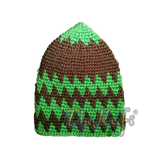 Hand-Crocheted Cotton Sturdy Bright Green & Dark Brown Zigzag Kufi Hat