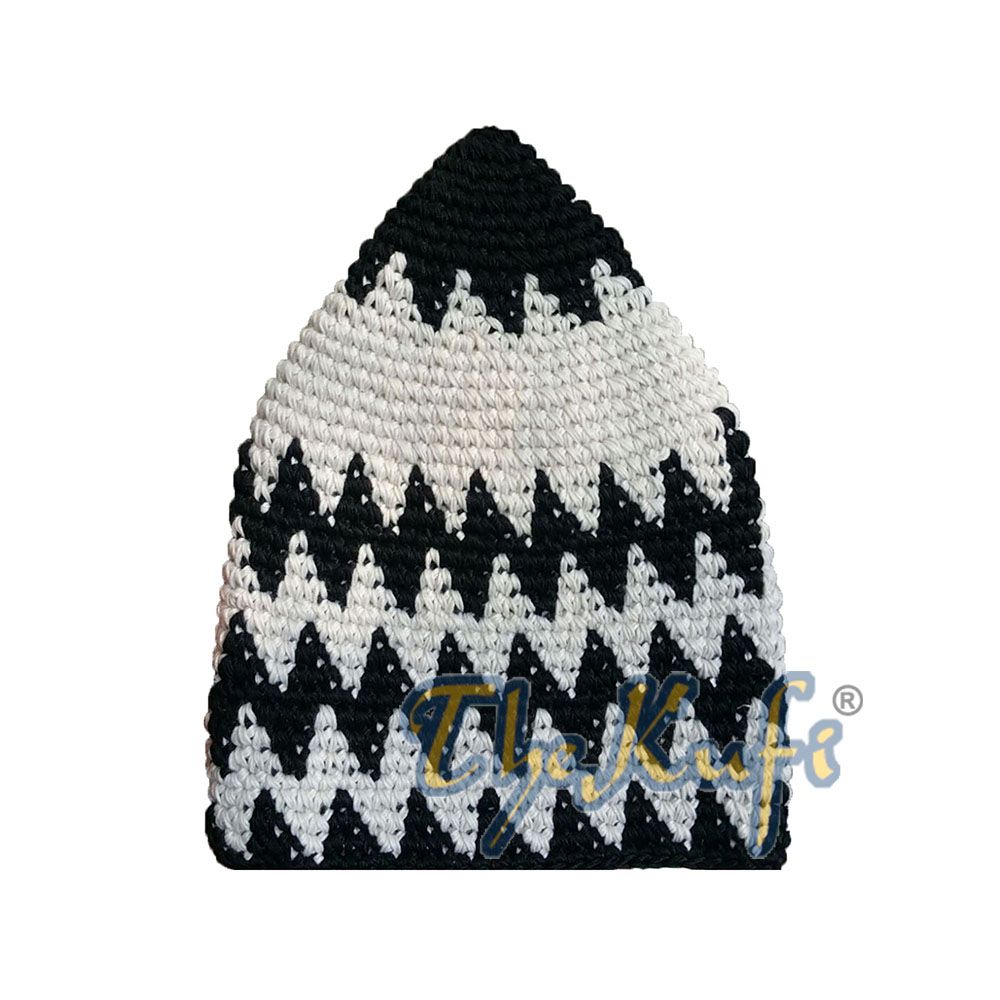 Hand-Crocheted Cotton Sturdy Black & Off-White Zigzag Kufi Hat