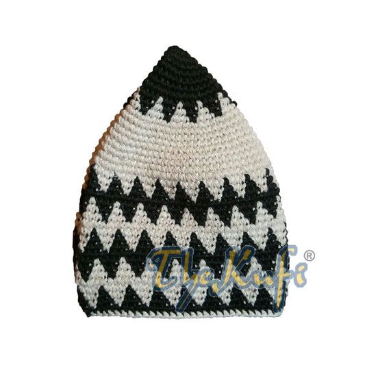 Hand-Crocheted Cotton Sturdy Black & Latte Zigzag Kufi Hat