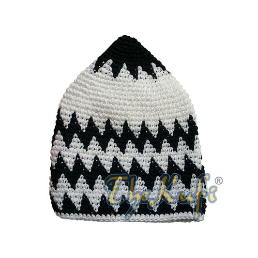 Hand-Crocheted Cotton Sturdy Black & White Zigzag Kufi Hat