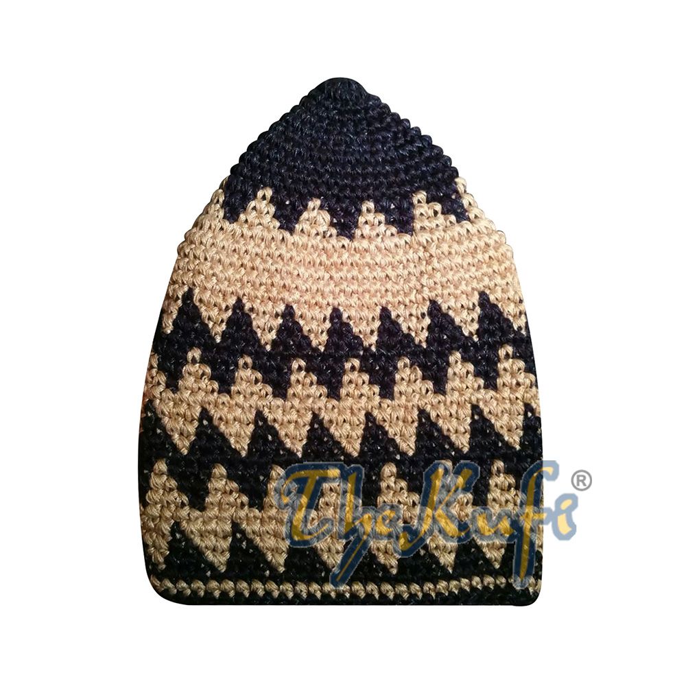 Hand-Crocheted Cotton Sturdy Blue & Faded Khaki Mix Zigzag Kufi Hat