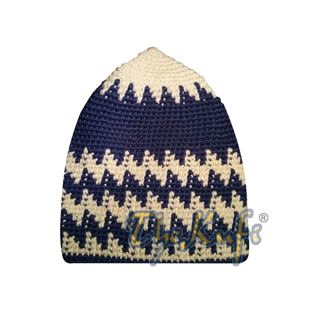 Hand-Crocheted Cotton Sturdy Cream & Cobalt Blue Hounds-Tooth Zigzag Kufi Hat