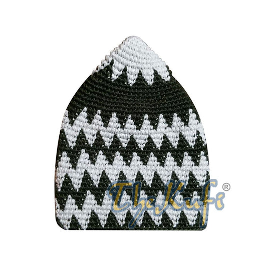 Hand-Crocheted Cotton Sturdy Cream & Dark Forest Green Zigzag Kufi Hat