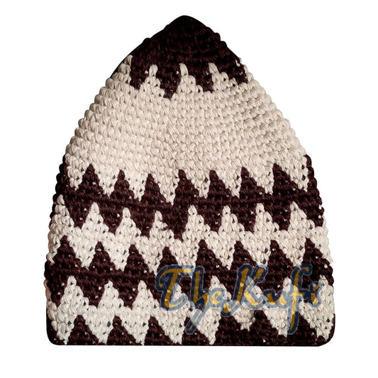Hand-Crocheted Cotton Sturdy Dark Brown & Off-White Zigzag Kufi Hat
