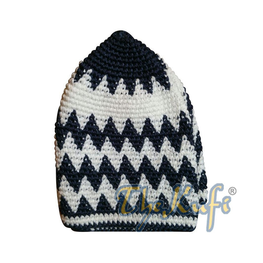 Hand-Crocheted Cotton Sturdy Dark Blue & White Zigzag Kufi Hat