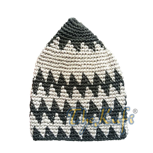 Hand-Crocheted Cotton Sturdy Dark Olive Green & Khaki Zigzag Kufi Hat