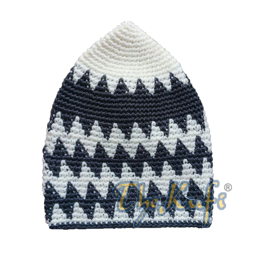 Hand-Crocheted Cotton Sturdy Off-White & Deep Dark Gray Zigzag Kufi Hat