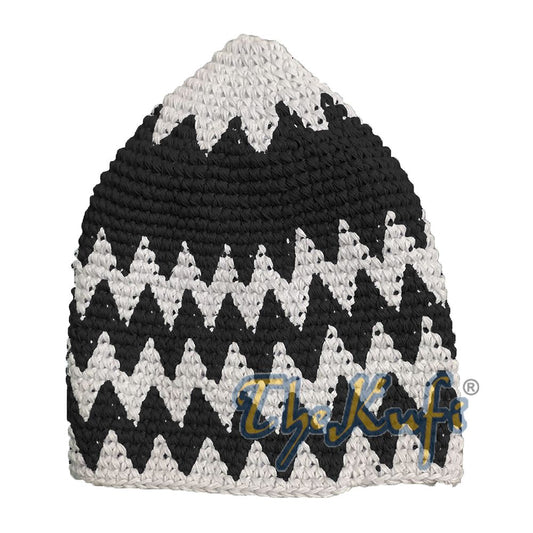 Hand-Crocheted Cotton Sturdy Off-White & Black Mix Zigzag Kufi Hat