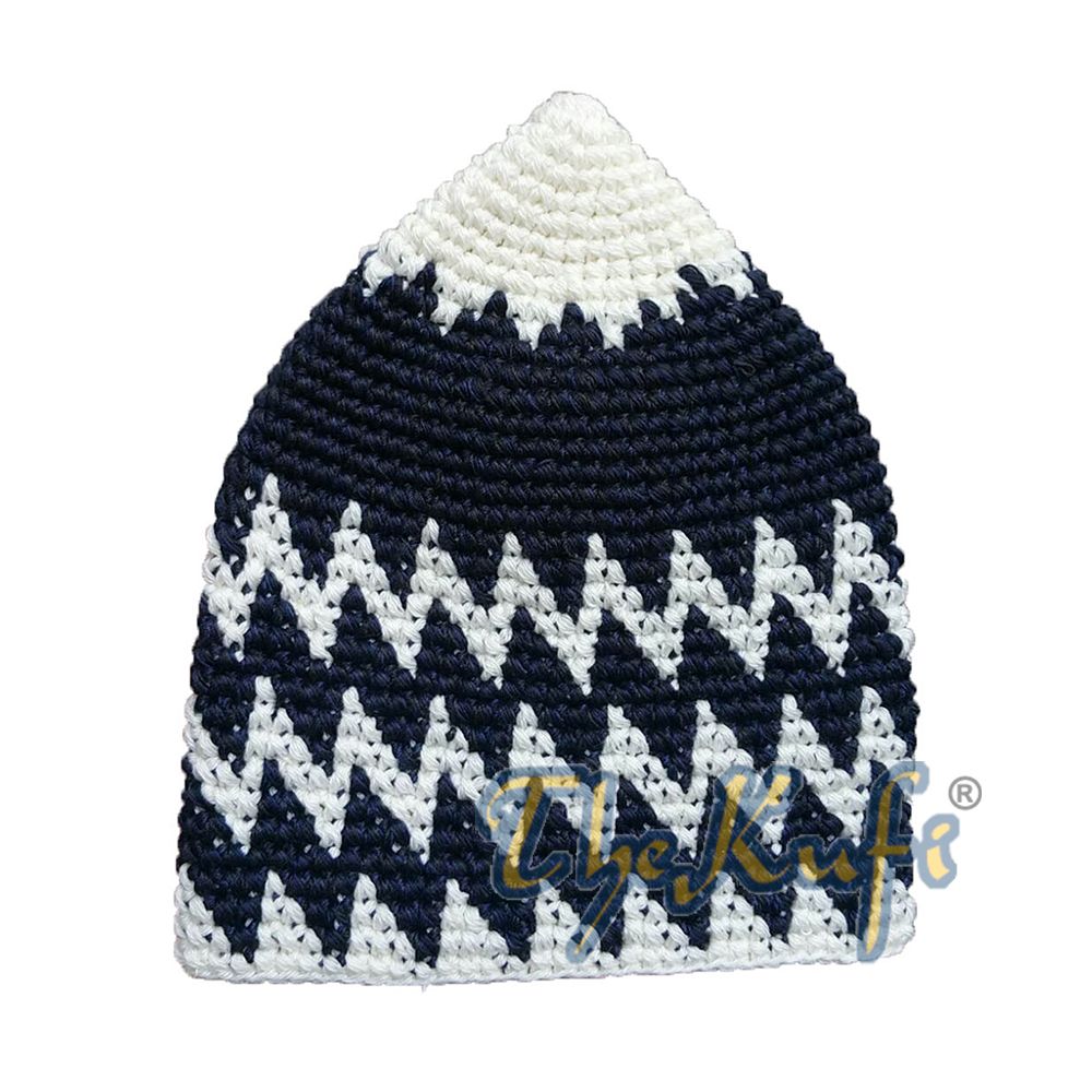 Hand-Crocheted Cotton Sturdy Off-White & Indigo Zigzag Kufi Hat