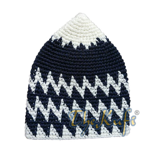 Hand-Crocheted Cotton Sturdy Off-White & Indigo Zigzag Kufi Hat