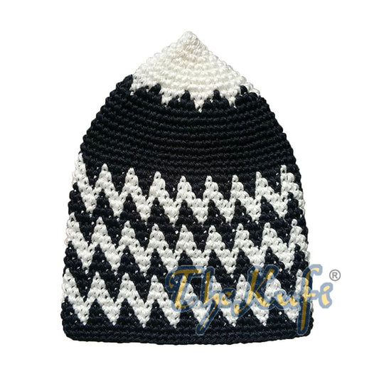 Hand-Crocheted Cotton Sturdy Off-White & White Black Mix Zigzag Kufi Hat
