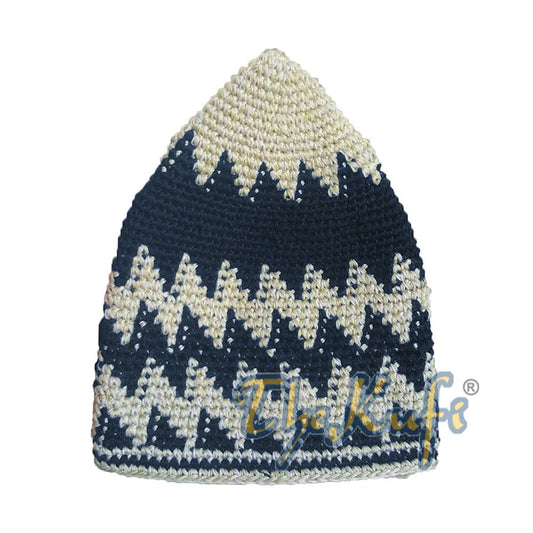 Hand-Crocheted Cotton Sturdy Faded Khaki & Blue Zigzag Kufi Hat