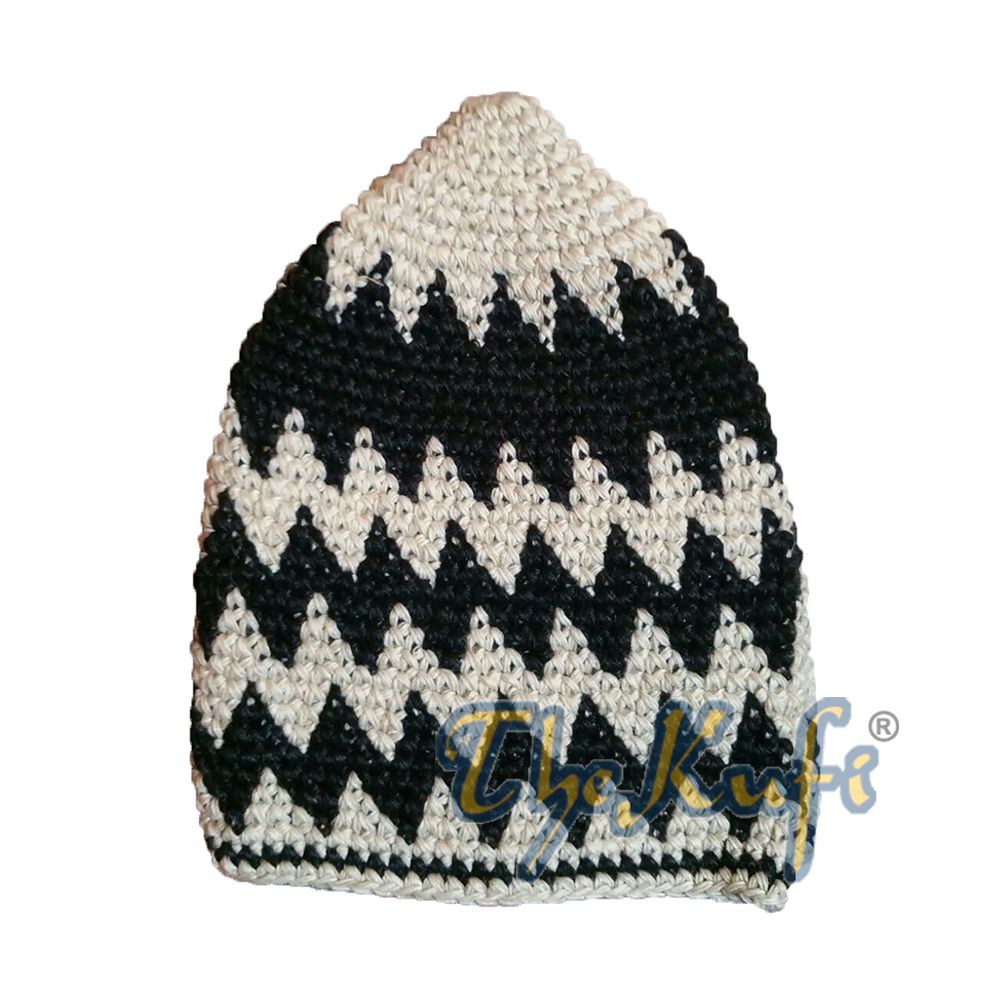 Hand-Crocheted Cotton Sturdy Faded Latte & Black Zigzag Kufi Hat
