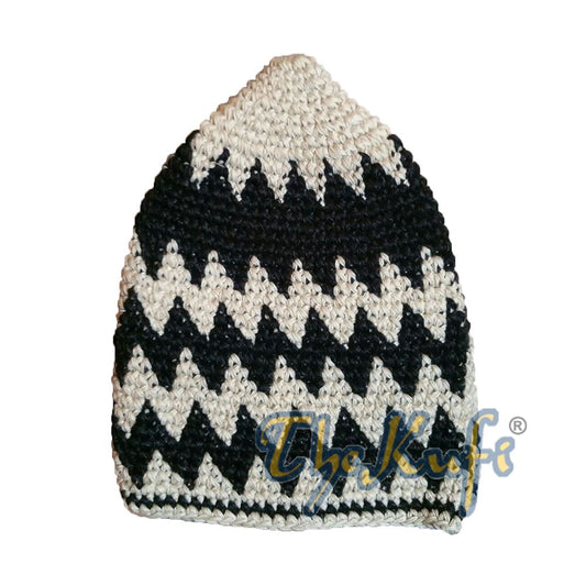 Hand-Crocheted Cotton Sturdy Faded Latte & Black Zigzag Kufi Hat