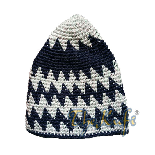 Hand-Crocheted Cotton Sturdy Faded Pastel & Dark Blue Mix Zigzag Kufi Hat