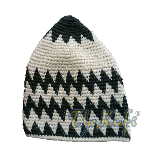 Hand-Crocheted Cotton Sturdy Green Indigo & Khaki Zigzag Kufi Hat