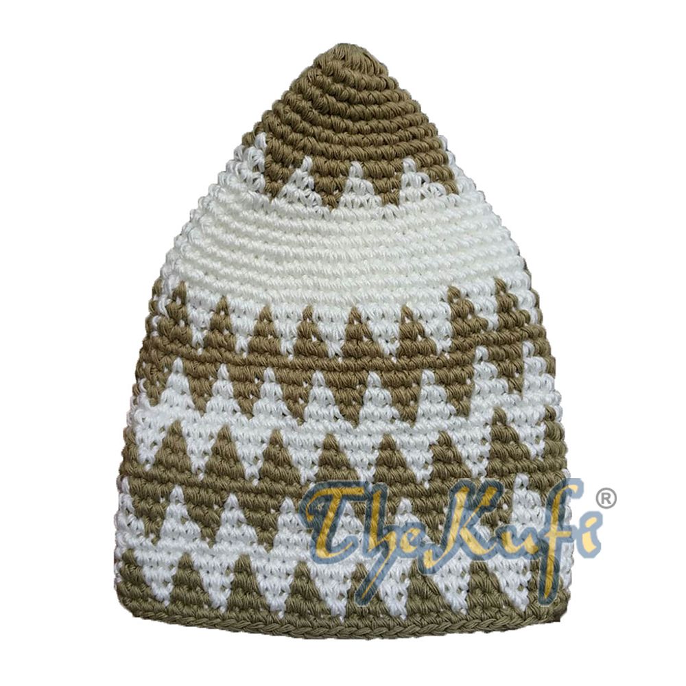 Hand-Crocheted Cotton Sturdy Greenish Khaki & Off-White Zigzag Kufi Hat