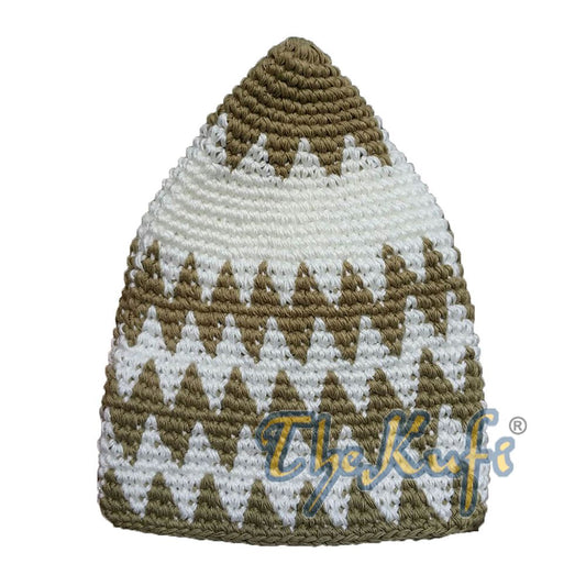 Hand-Crocheted Cotton Sturdy Greenish Khaki & Off-White Zigzag Kufi Hat