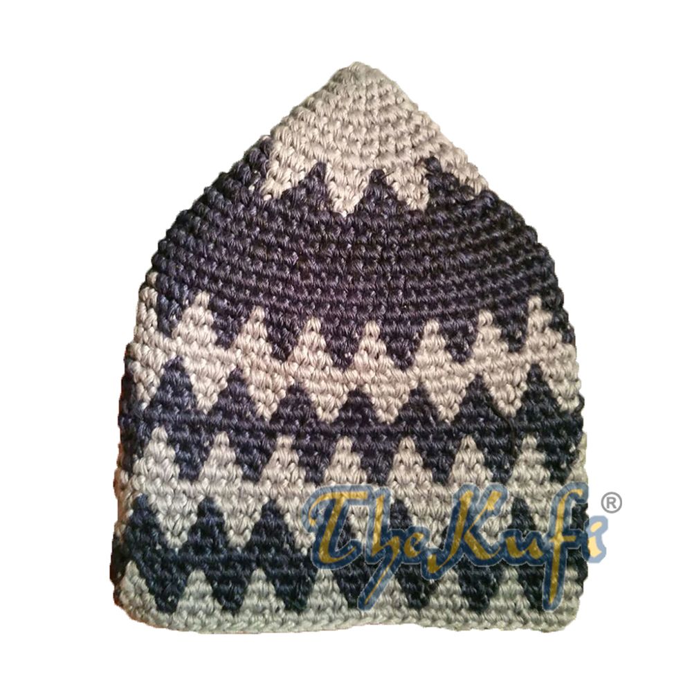 Hand-Crocheted Cotton Sturdy Gray & Dark Blue Zigzag Kufi Hat