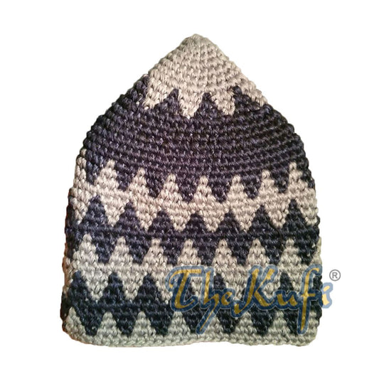 Hand-Crocheted Cotton Sturdy Gray & Dark Blue Zigzag Kufi Hat