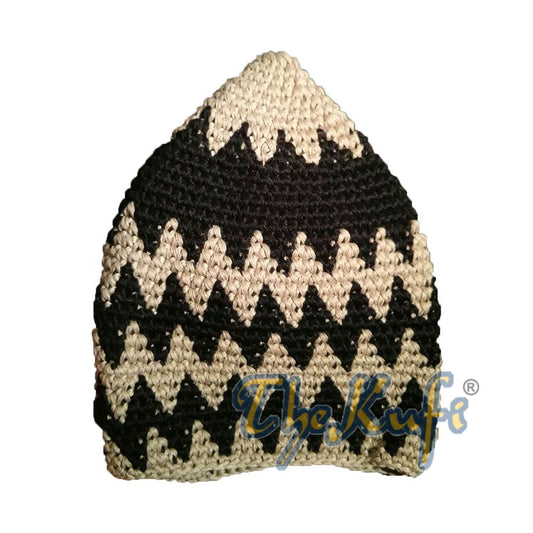 Hand-Crocheted Cotton Sturdy Khaki & Black Zigzag Kufi Hat