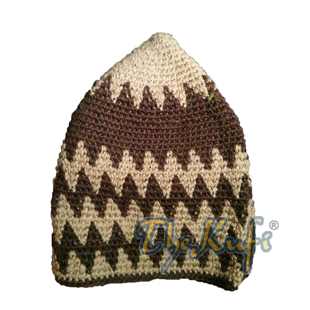 Hand-Crocheted Cotton Sturdy Khaki & Dark Brown Zigzag Kufi Hat