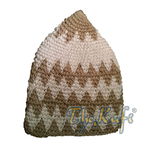 Hand-Crocheted Cotton Sturdy Khaki & Latte Zigzag Kufi Hat
