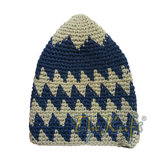 Hand-Crocheted Cotton Sturdy Khaki & Dark Blue Zigzag Kufi Hat
