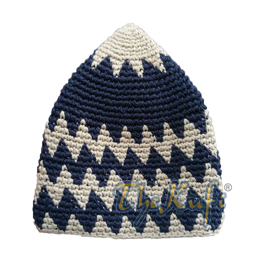 Hand-Crocheted Cotton Sturdy Light Khaki & Dark Blue Zigzag Kufi Hat