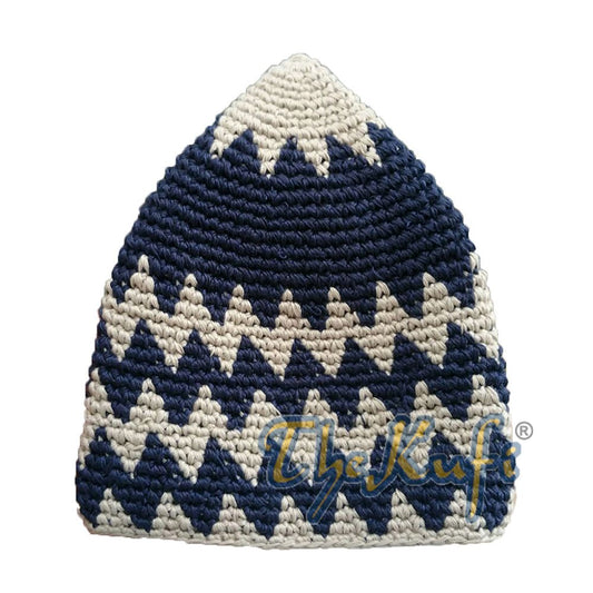 Hand-Crocheted Cotton Sturdy Light Khaki & Dark Blue Zigzag Kufi Hat