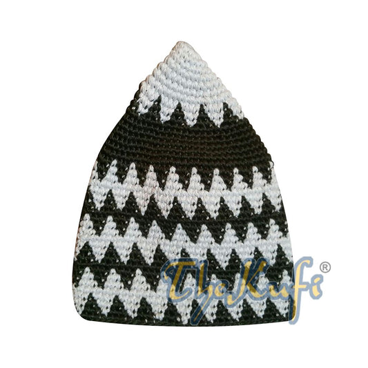 Kids Hand Crocheted Cotton Light Khaki & Dark Forest Green Zigzag Kufi Hat