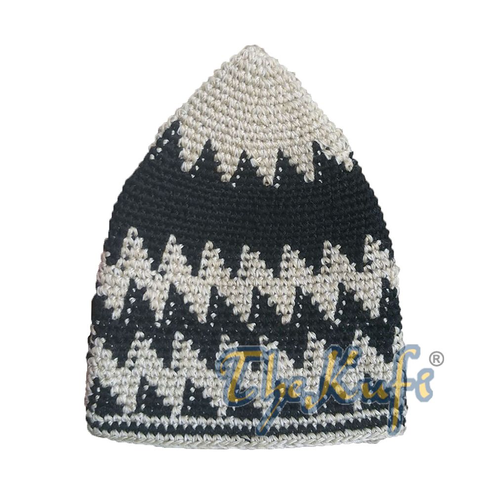 Hand-Crocheted Cotton Sturdy Light Khaki & Black Mix Hounds-Tooth Zigzag Kufi Hat