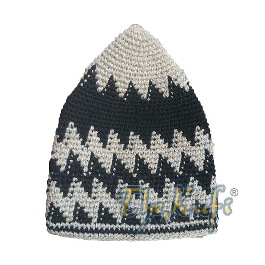 Hand-Crocheted Cotton Sturdy Light Khaki & Black Mix Hounds-Tooth Zigzag Kufi Hat