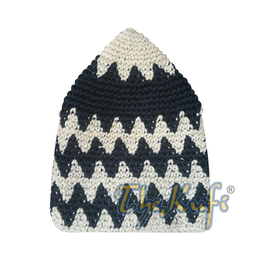 Hand-Crocheted Cotton Sturdy Latte & Dark Blue Zigzag Kufi Hat