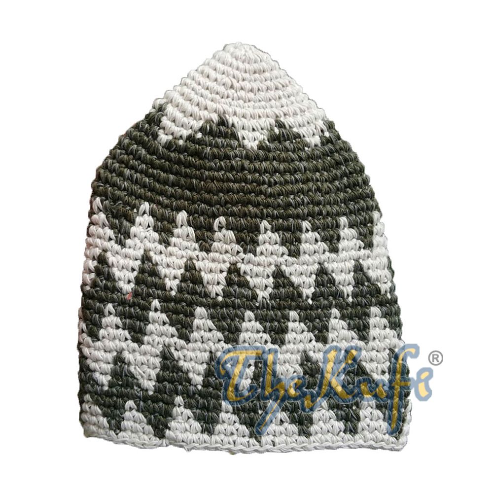 Hand-Crocheted Cotton Sturdy Latte & Faded Forest Green Zigzag Kufi Hat