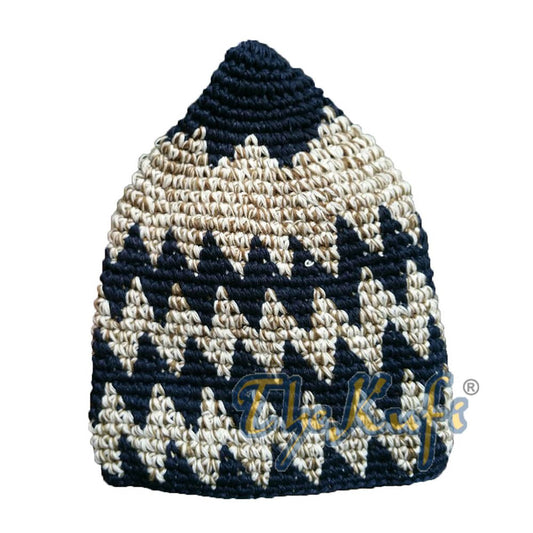 Hand-Crocheted Cotton Sturdy Indigo Blue & Khaki Mix Zigzag Kufi Hat