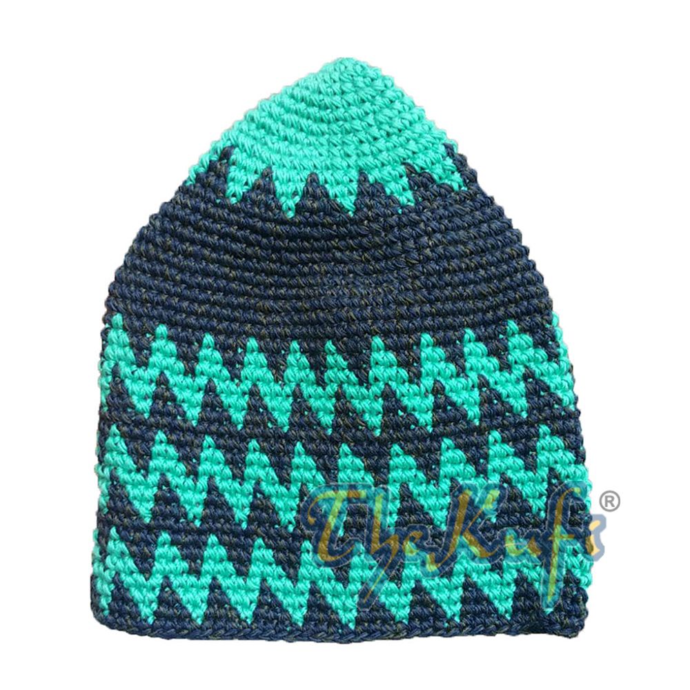 Hand-Crocheted Cotton Sturdy Pastel Green & Dark Blue Brown Mix Zigzag Kufi Hat