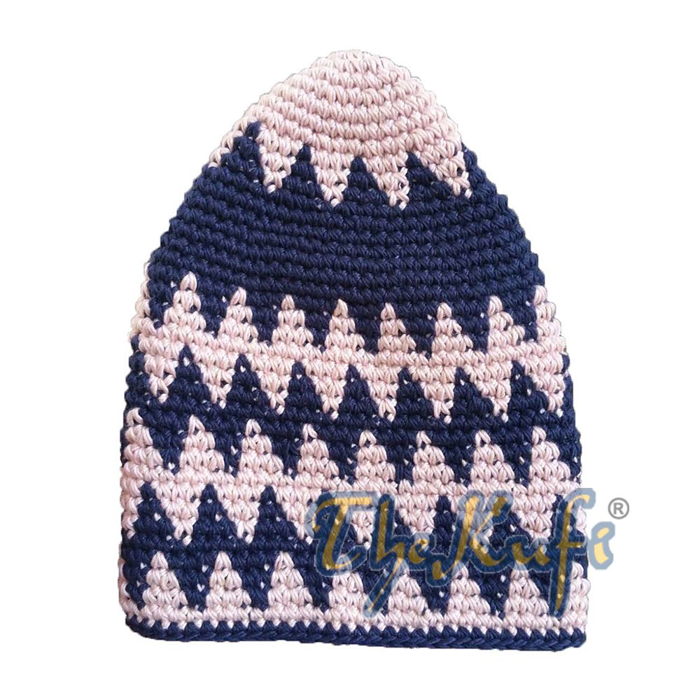 Hand-Crocheted Cotton Sturdy Pale Pink & Dark Blue Zigzag Kufi Hat