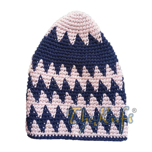 Hand-Crocheted Cotton Sturdy Pale Pink & Dark Blue Zigzag Kufi Hat