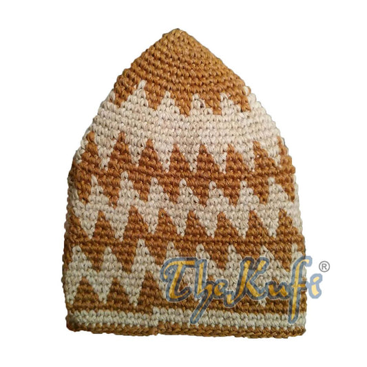 Hand-Crocheted Cotton Sturdy Rust Brown & Khaki Zigzag Kufi Hat