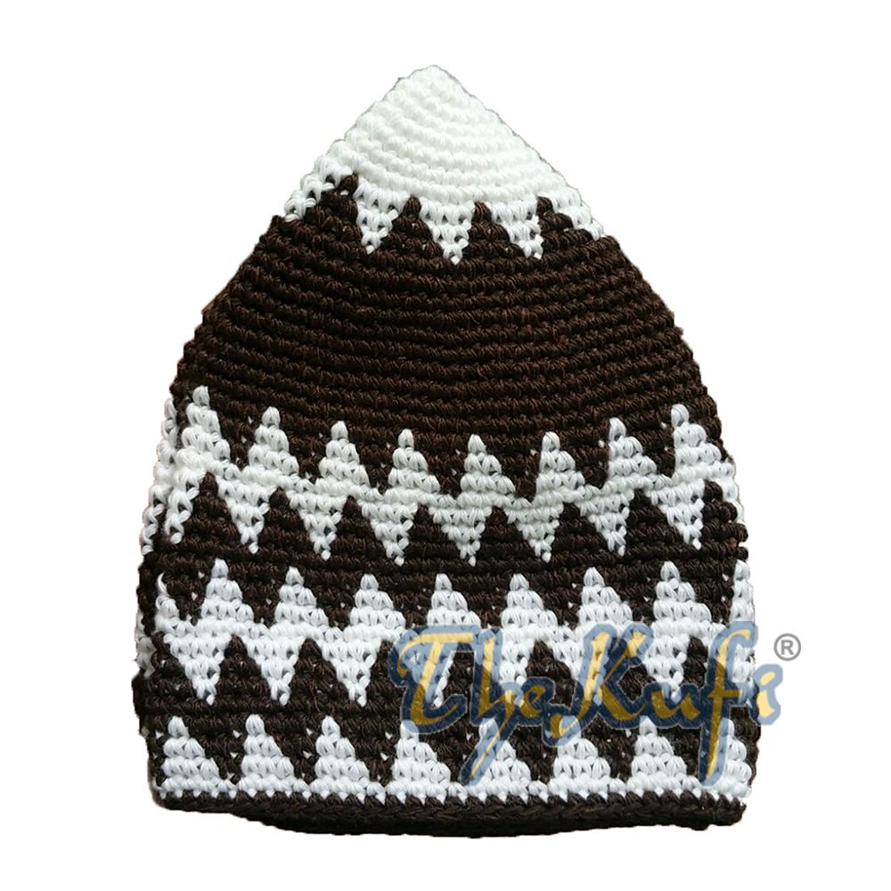 Hand-Crocheted Cotton Sturdy White & Dark Brown Zigzag Kufi Hat