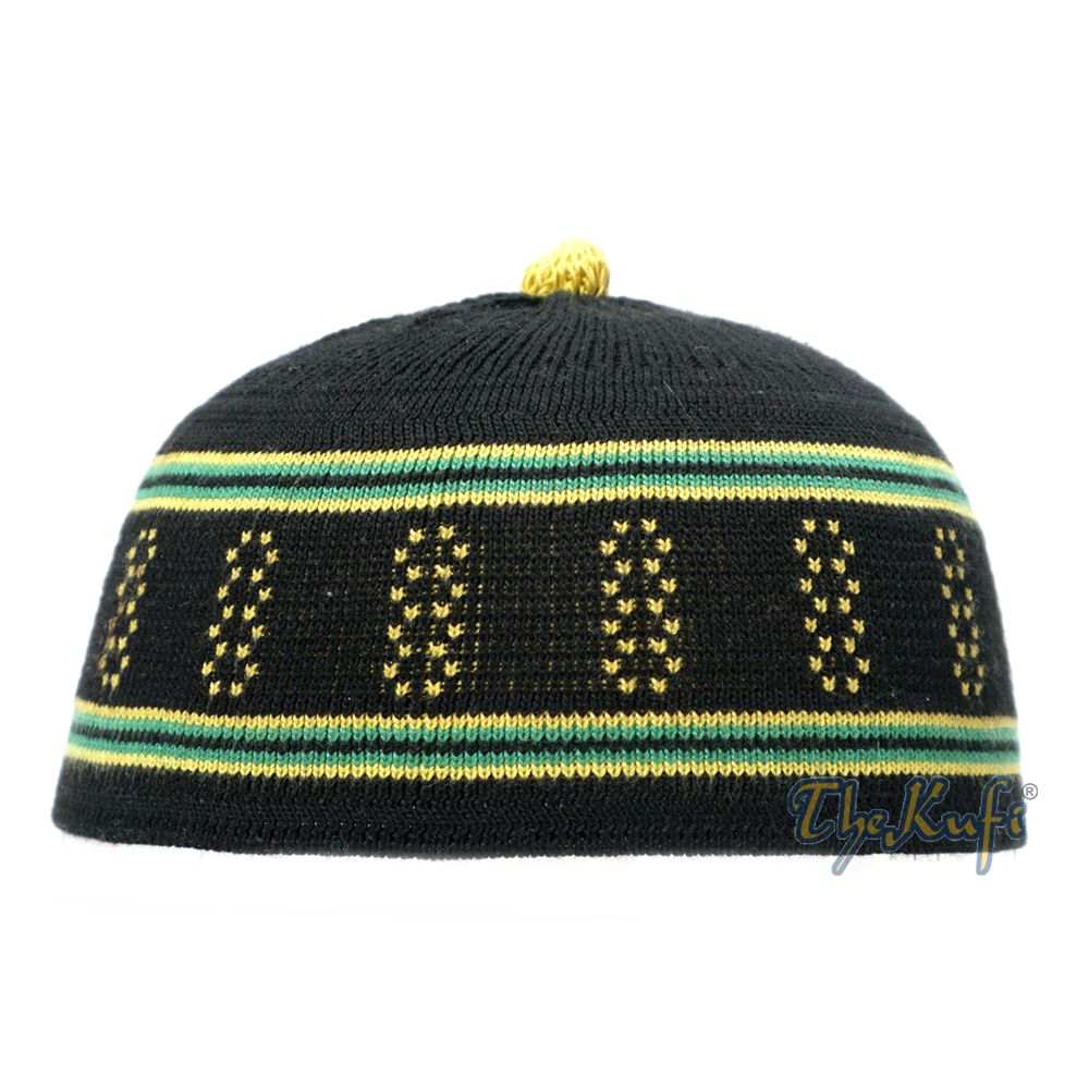 Baby Black and Green Stretch-Knit Cotton Comfortable Pom-Pom Kufi Skull Hat